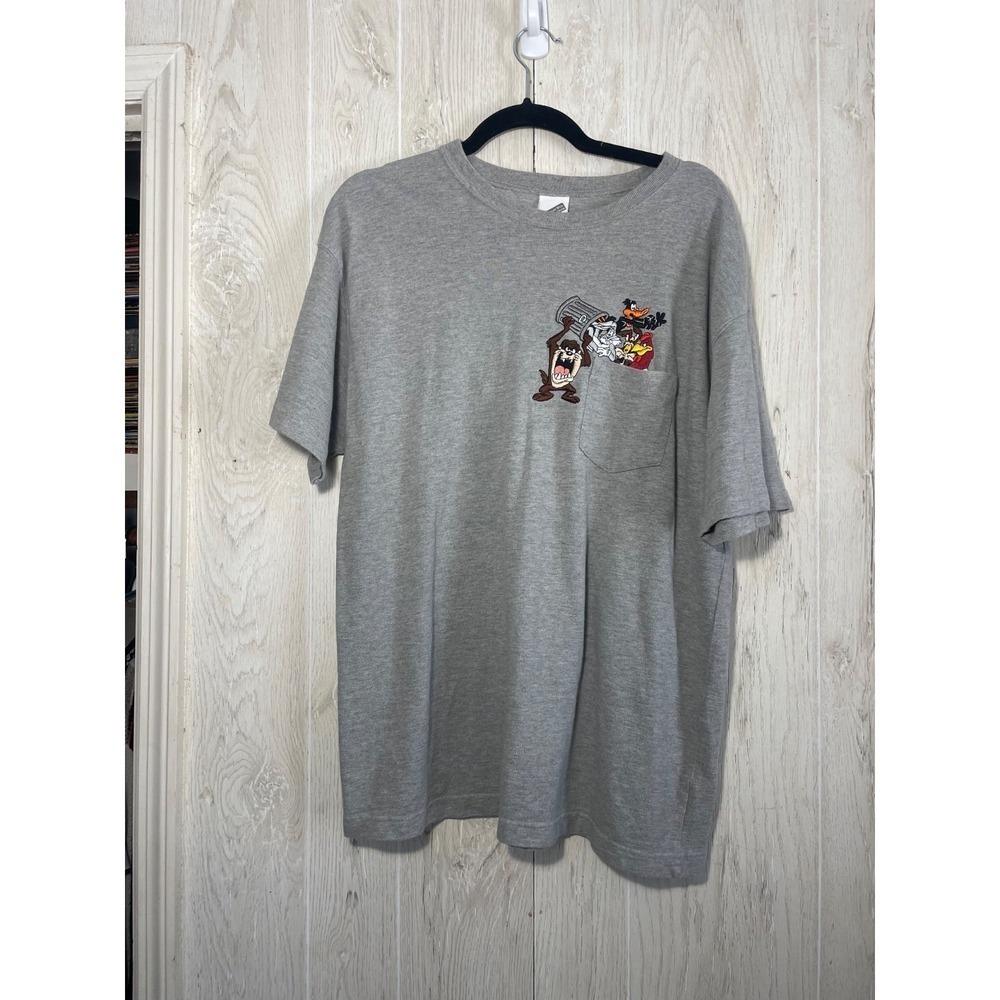 Vintage Warner Bros 2000 Taz Trash Bugs Daffy Pocket Tee T-Shirt Gray Size L